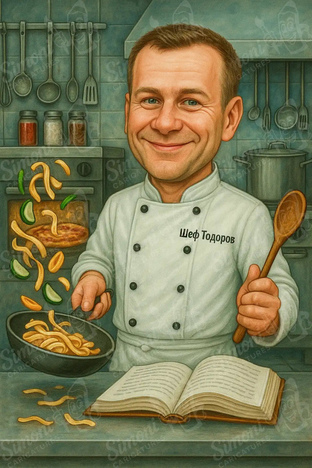 Карикатура на усмихнат готвач с готварска книга и тиган с пържени картофи, персонализиран портрет от Simoni Caricatures.